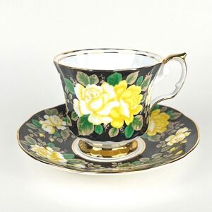 Elizabethan Fine Bone China Tea Cup Saucer, Yellow Roses Black Gold